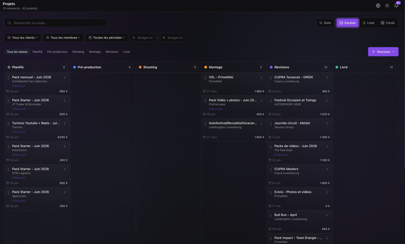 Kanban projets Fryve — suivi de production vidéo
