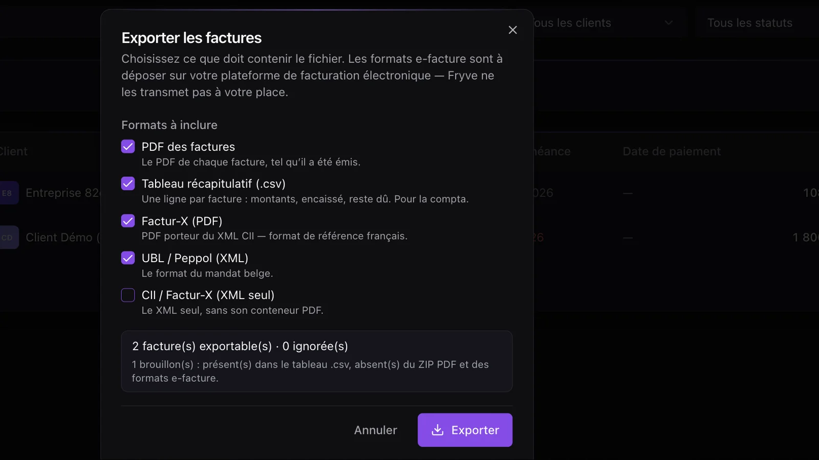 La fenêtre « Exporter les factures » de Fryve, avec les formats à inclure : PDF, tableau récapitulatif, Factur-X, UBL / Peppol et CII